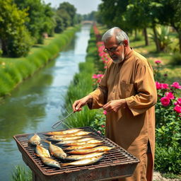 A middle-aged man in his fifties, wearing a traditional peasant kaftan, grilling fish on a rustic grill in front of a beautiful canal in the Cairo countryside