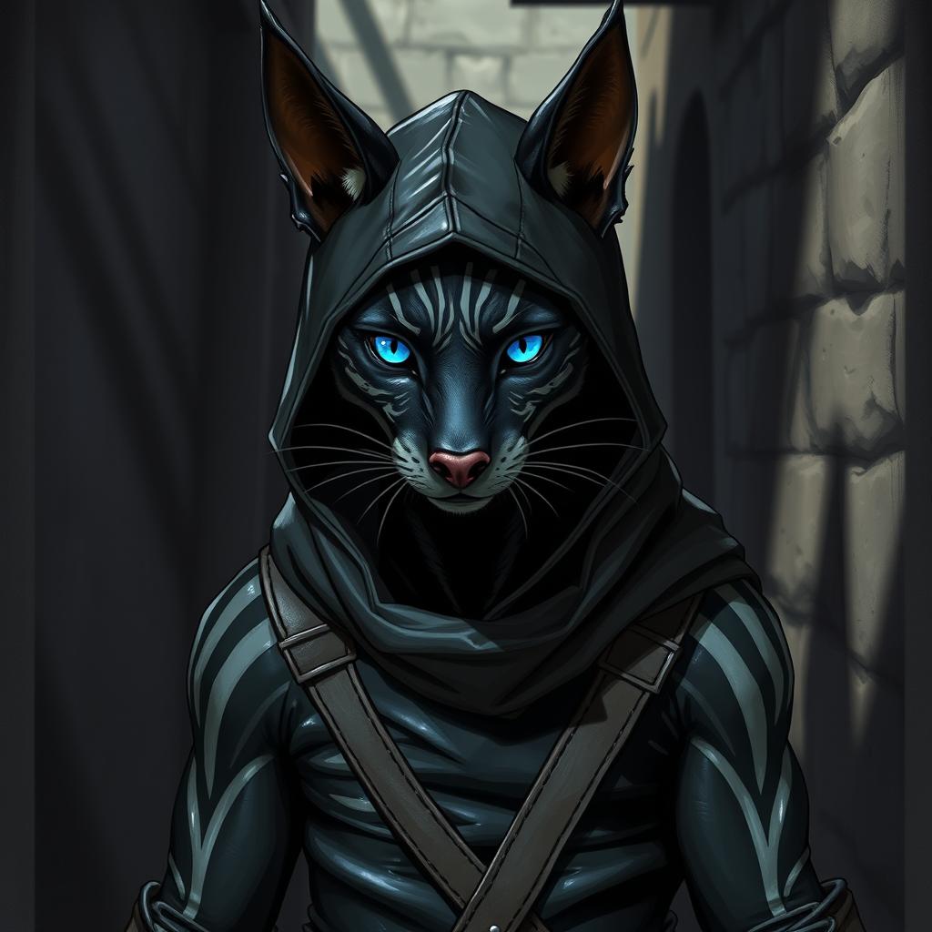 An athletic and sleek black tabaxi with striking gray lines across his fur, exuding a stealthy aura