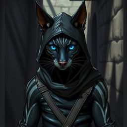 An athletic and sleek black tabaxi with striking gray lines across his fur, exuding a stealthy aura