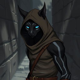 An athletic and sleek black tabaxi with striking gray lines across his fur, exuding a stealthy aura