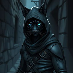 An athletic and sleek black tabaxi with striking gray lines across his fur, exuding a stealthy aura