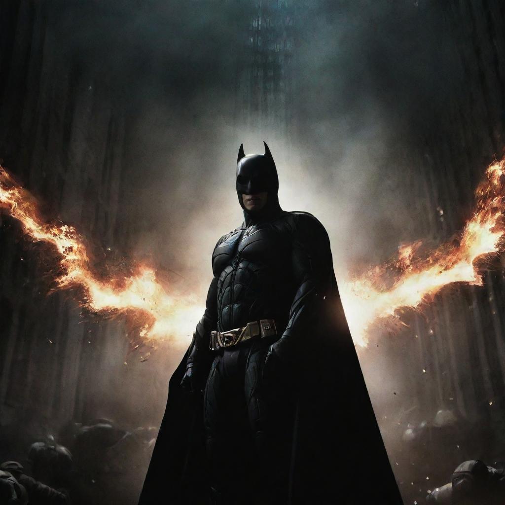 A poster of Batman: The Dark Knight Rises, enhanced with high-intensity lighting arrangements that emphasize drama and tension.