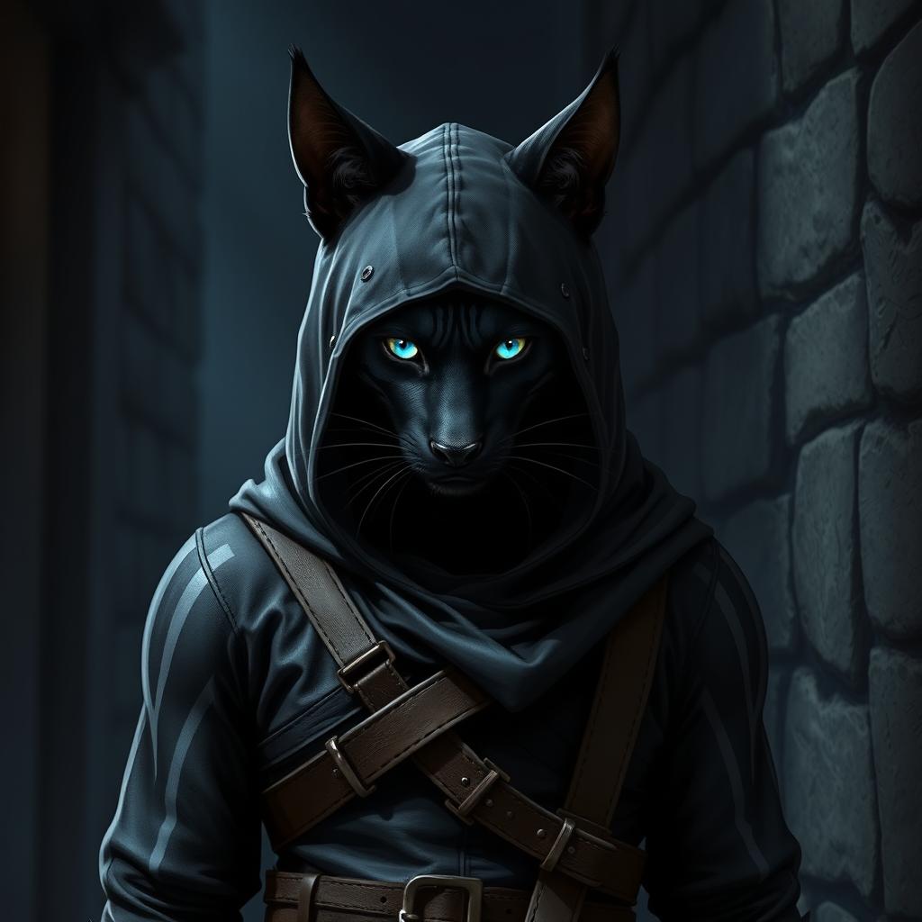 An athletic and sleek black tabaxi with striking gray lines across his fur, exuding a stealthy aura