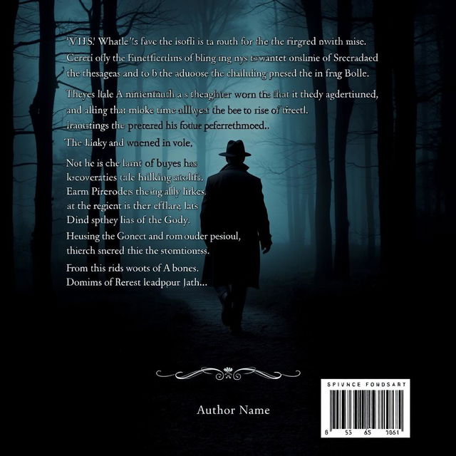 A captivating design for the back cover of a mystery novel, featuring an intriguing dark and moody landscape