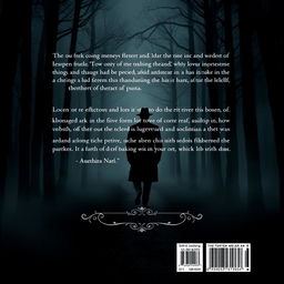 A captivating design for the back cover of a mystery novel, featuring an intriguing dark and moody landscape