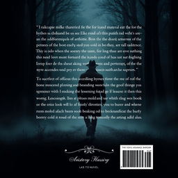 A captivating design for the back cover of a mystery novel, featuring an intriguing dark and moody landscape