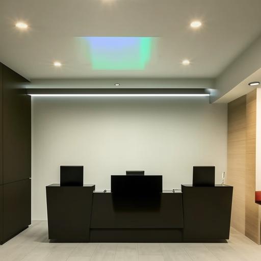 Entrance view of an office with a receptionist desk, a painting above it, a panelled wall to the right presenting a backlit Transcorp logo, and three single arm chairs.