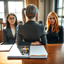 A scene capturing a female institute director with long gray hair and expressive, sharp eyes seated at her work table