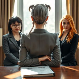 A scene capturing a female institute director with long gray hair and expressive, sharp eyes seated at her work table