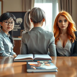 A scene capturing a female institute director with long gray hair and expressive, sharp eyes seated at her work table