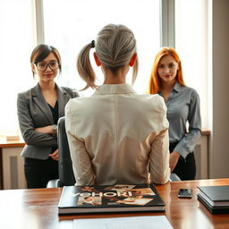 A scene capturing a female institute director with long gray hair and expressive, sharp eyes seated at her work table