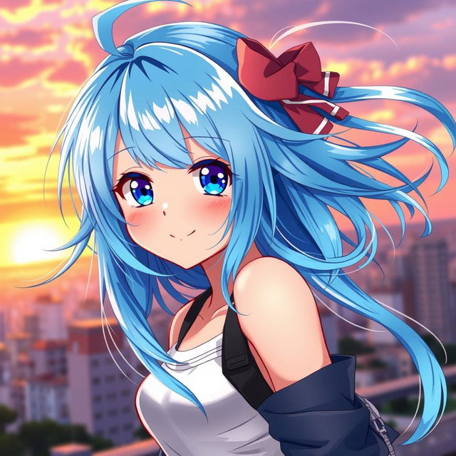 A stunning digital illustration of a blue-haired anime girl, capturing her vibrant and dynamic hairstyle in a soft breeze