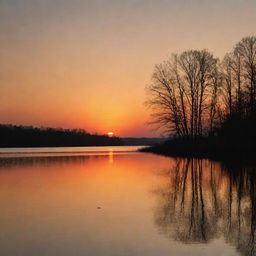 A serene landscape showing an orange sunset over a tranquil lake, surrounded by silhouettes of trees