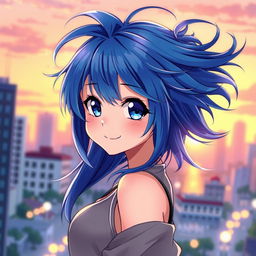 A stunning digital illustration of a blue-haired anime girl, capturing her vibrant and dynamic hairstyle in a soft breeze