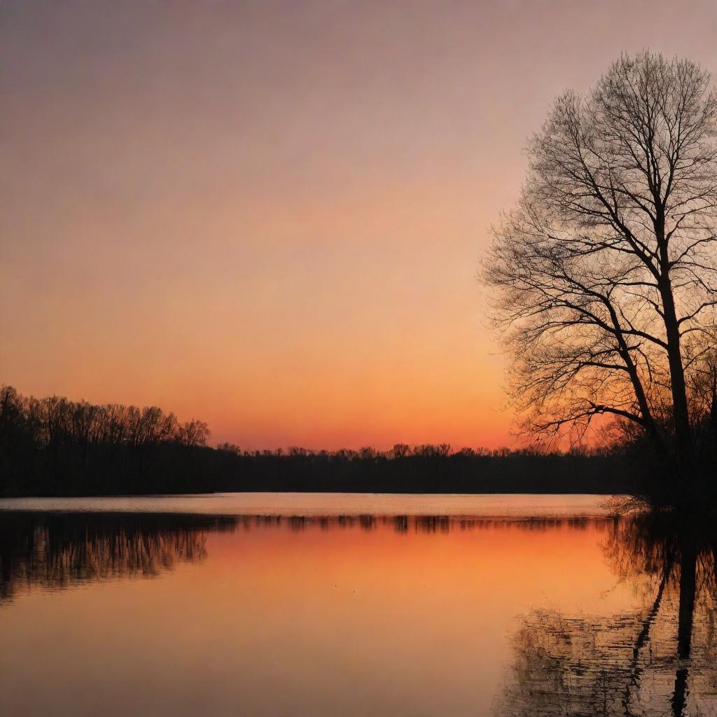 A serene landscape showing an orange sunset over a tranquil lake, surrounded by silhouettes of trees