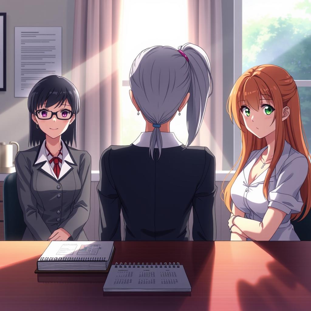 An anime-style scene capturing a female institute director with long gray hair and expressive, sharp eyes seated at her work table