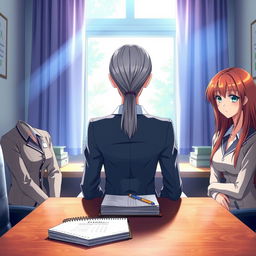 An anime-style scene capturing a female institute director with long gray hair and expressive, sharp eyes seated at her work table