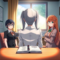 An anime-style scene capturing a female institute director with long gray hair and expressive, sharp eyes seated at her work table