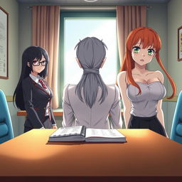 An anime-style scene capturing a female institute director with long gray hair and expressive, sharp eyes seated at her work table