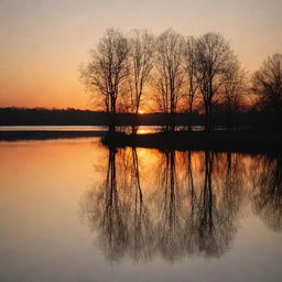 A serene landscape showing an orange sunset over a tranquil lake, surrounded by silhouettes of trees