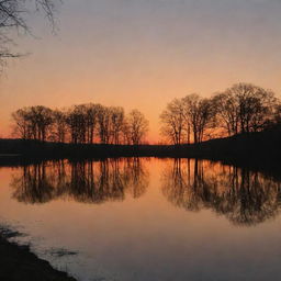 A serene landscape showing an orange sunset over a tranquil lake, surrounded by silhouettes of trees