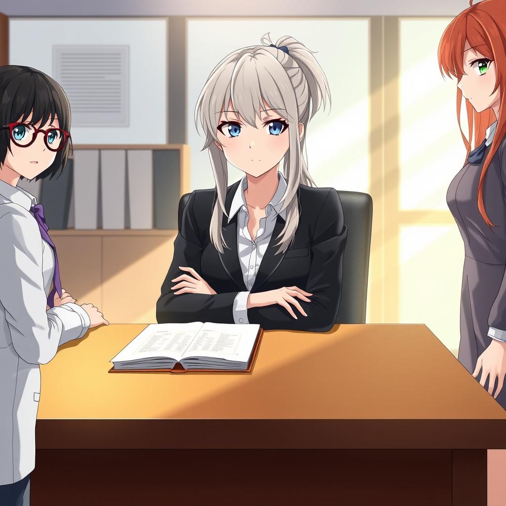 a female director of the institute sitting at her work table, featuring expressive eyes and a perfect face, styled with a pigtail from behind and long gray hair