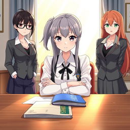 a female director of the institute sitting at her work table, featuring expressive eyes and a perfect face, styled with a pigtail from behind and long gray hair