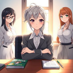 a female director of the institute sitting at her work table, featuring expressive eyes and a perfect face, styled with a pigtail from behind and long gray hair