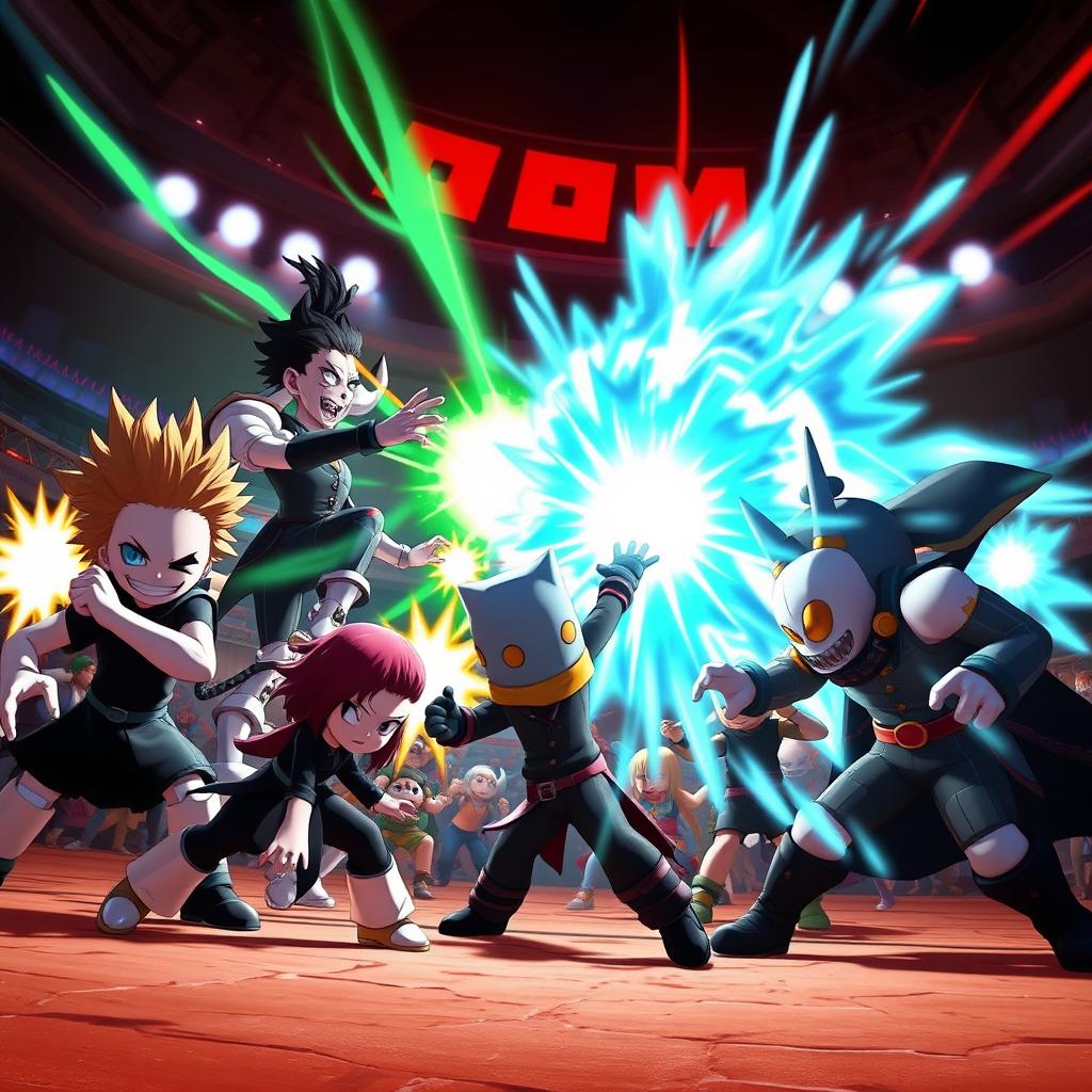 A dramatic action scene featuring characters from Undertale, such as Sans, Frisk, and other well-known figures, battling in a style inspired by Saitama Battlegrounds from Roblox