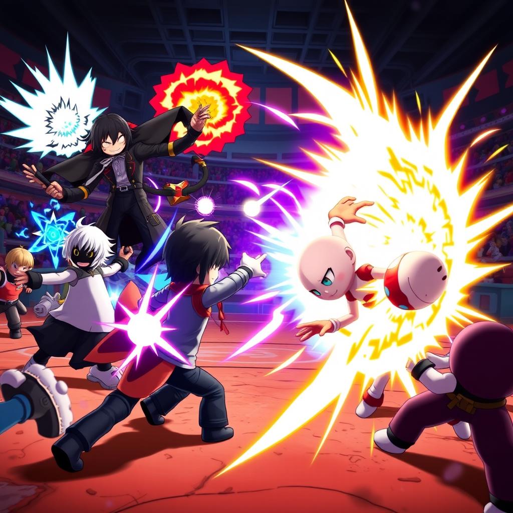 A dramatic action scene featuring characters from Undertale, such as Sans, Frisk, and other well-known figures, battling in a style inspired by Saitama Battlegrounds from Roblox