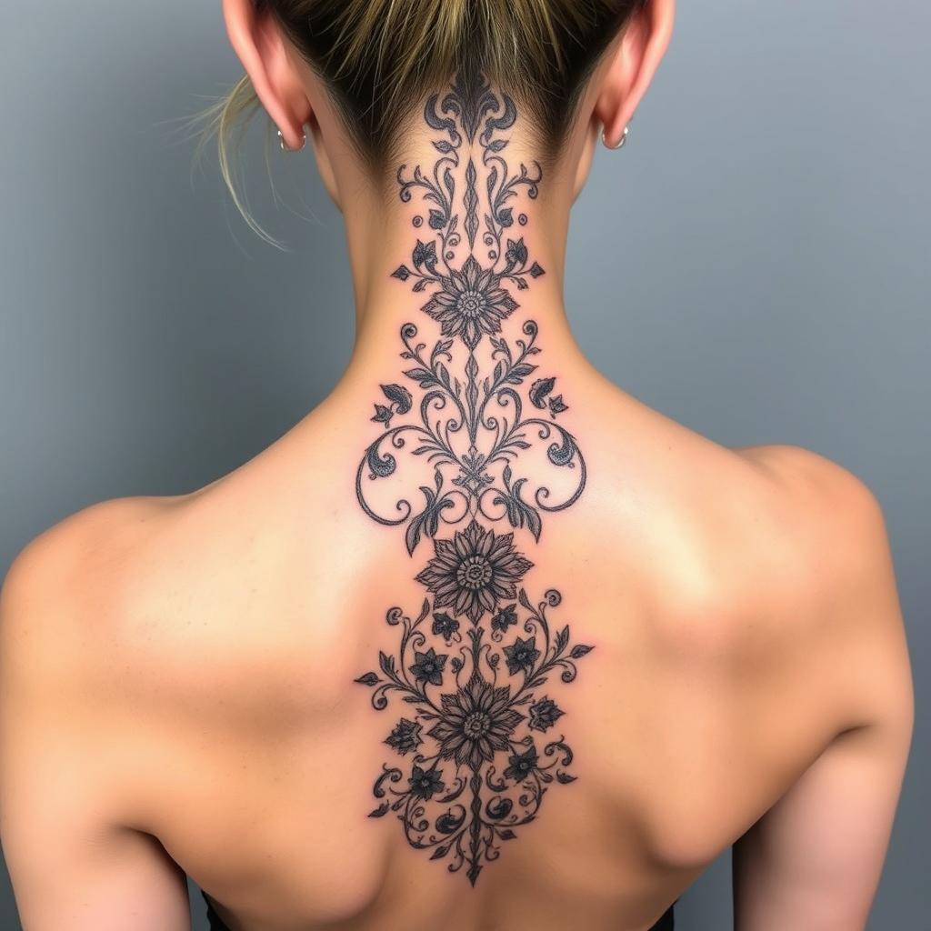 A stunning, intricate spine tattoo that travels gracefully down the back, embodying elegance and bold statement