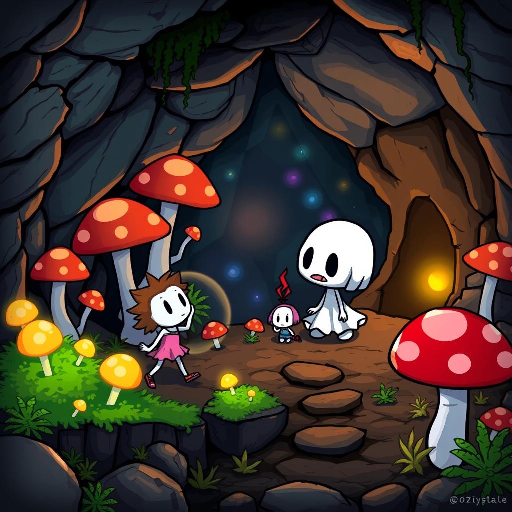 A detailed scene from the indie game "Undertale", featuring iconic characters in a whimsical underground setting