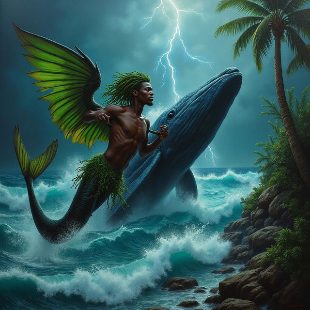 A polished oil painting reveals a stunning, close-up full-body view of a magnificent, nude black warrior merman