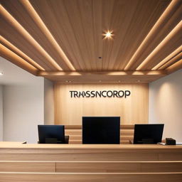 Entrance view of an office with a receptionist desk, a painting above it, a panelled wall to the right presenting a backlit Transcorp logo, and three single arm chairs.