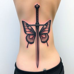 An exquisite spine tattoo featuring a sword with butterfly wings, elegantly aligned along the spine