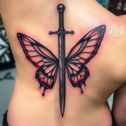 An exquisite spine tattoo featuring a sword with butterfly wings, elegantly aligned along the spine