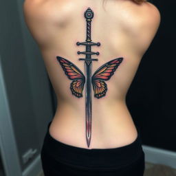 An exquisite spine tattoo featuring a sword with butterfly wings, elegantly aligned along the spine