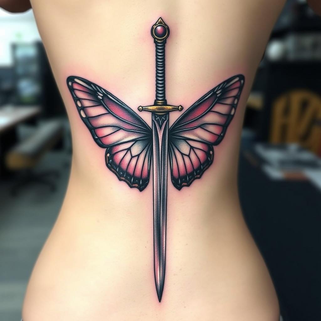 An exquisite spine tattoo featuring a sword with butterfly wings, elegantly aligned along the spine