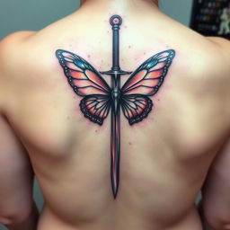 A captivating spine tattoo featuring a sword with butterfly wings emerging from the blade, perfectly aligned along the spine