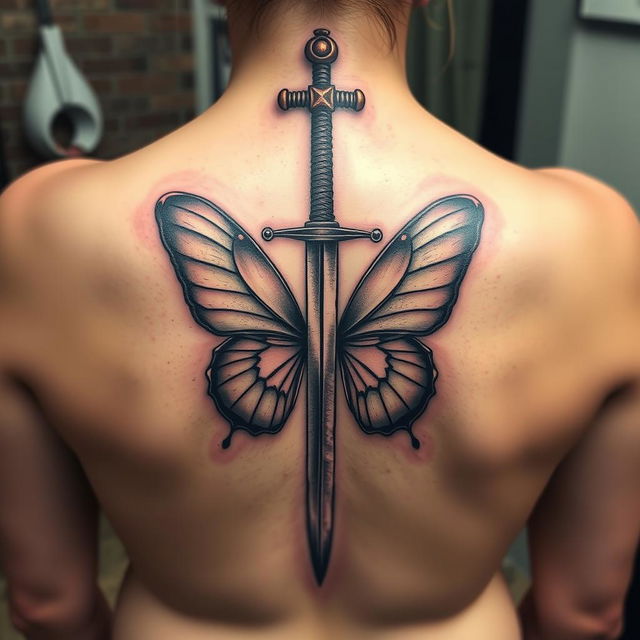 A captivating spine tattoo featuring a sword with butterfly wings emerging from the blade, perfectly aligned along the spine