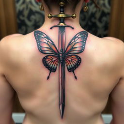 A captivating spine tattoo featuring a sword with butterfly wings emerging from the blade, perfectly aligned along the spine