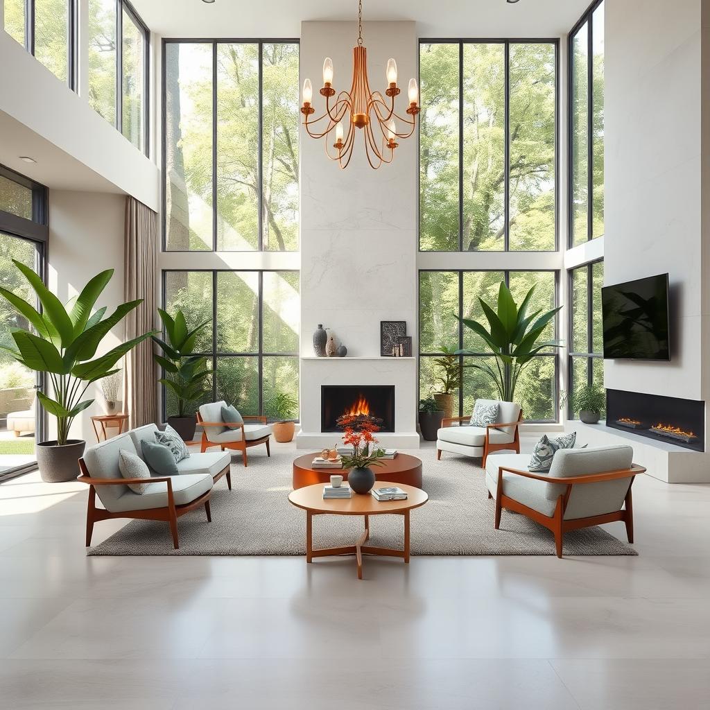 a stunning interior design of a modern living room featuring mid-century furniture, large windows with natural light streaming in, green indoor plants, a cozy fireplace, and an elegant chandelier