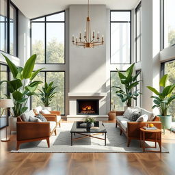 a stunning interior design of a modern living room featuring mid-century furniture, large windows with natural light streaming in, green indoor plants, a cozy fireplace, and an elegant chandelier