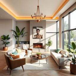 a stunning interior design of a modern living room featuring mid-century furniture, large windows with natural light streaming in, green indoor plants, a cozy fireplace, and an elegant chandelier