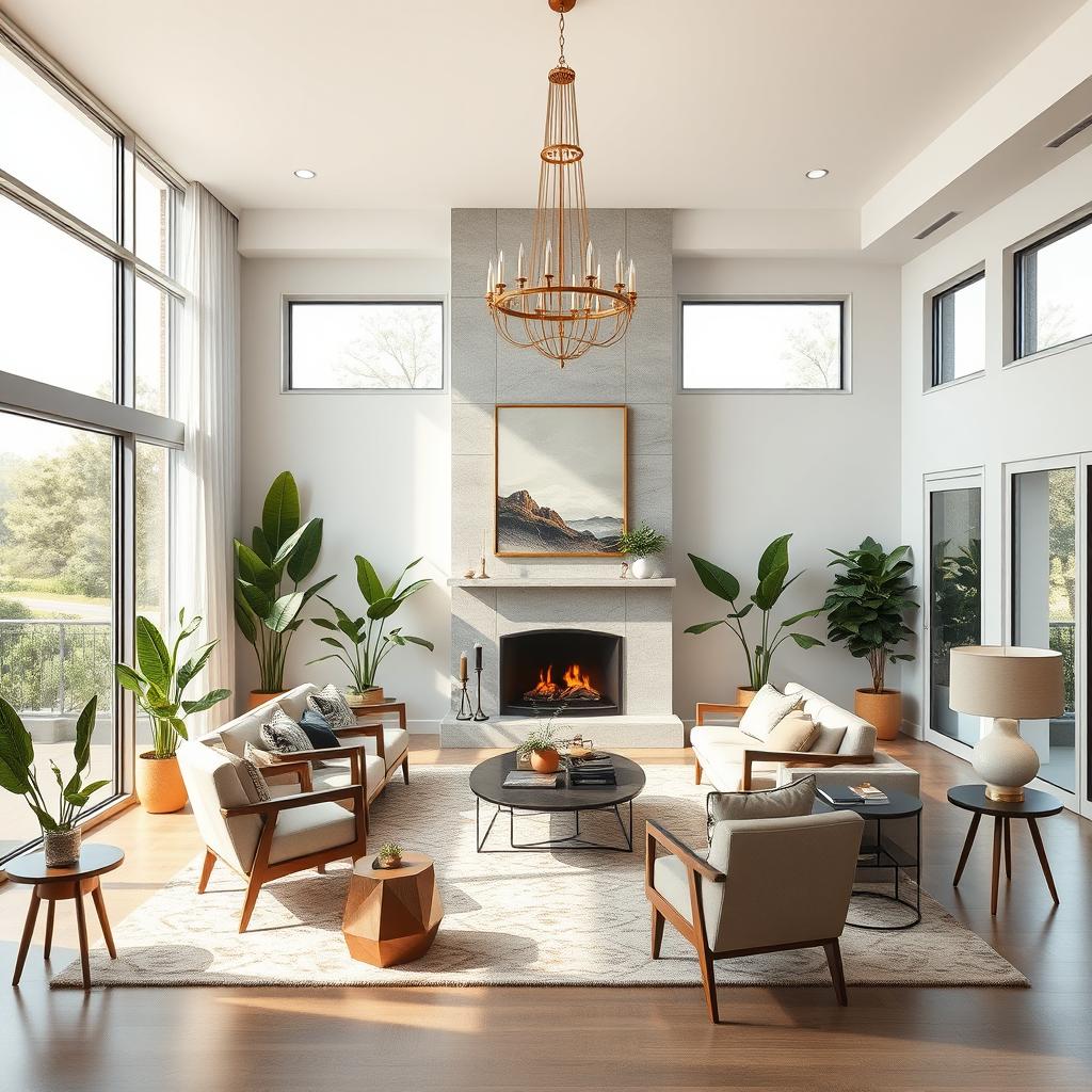 a stunning interior design of a modern living room featuring mid-century furniture, large windows with natural light streaming in, green indoor plants, a cozy fireplace, and an elegant chandelier