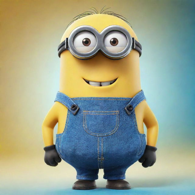 A cheerful, round-eyed minion with yellow skin, blue overalls, and a single goggle, standing against a bright, animated background.