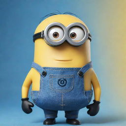 A cheerful, round-eyed minion with yellow skin, blue overalls, and a single goggle, standing against a bright, animated background.