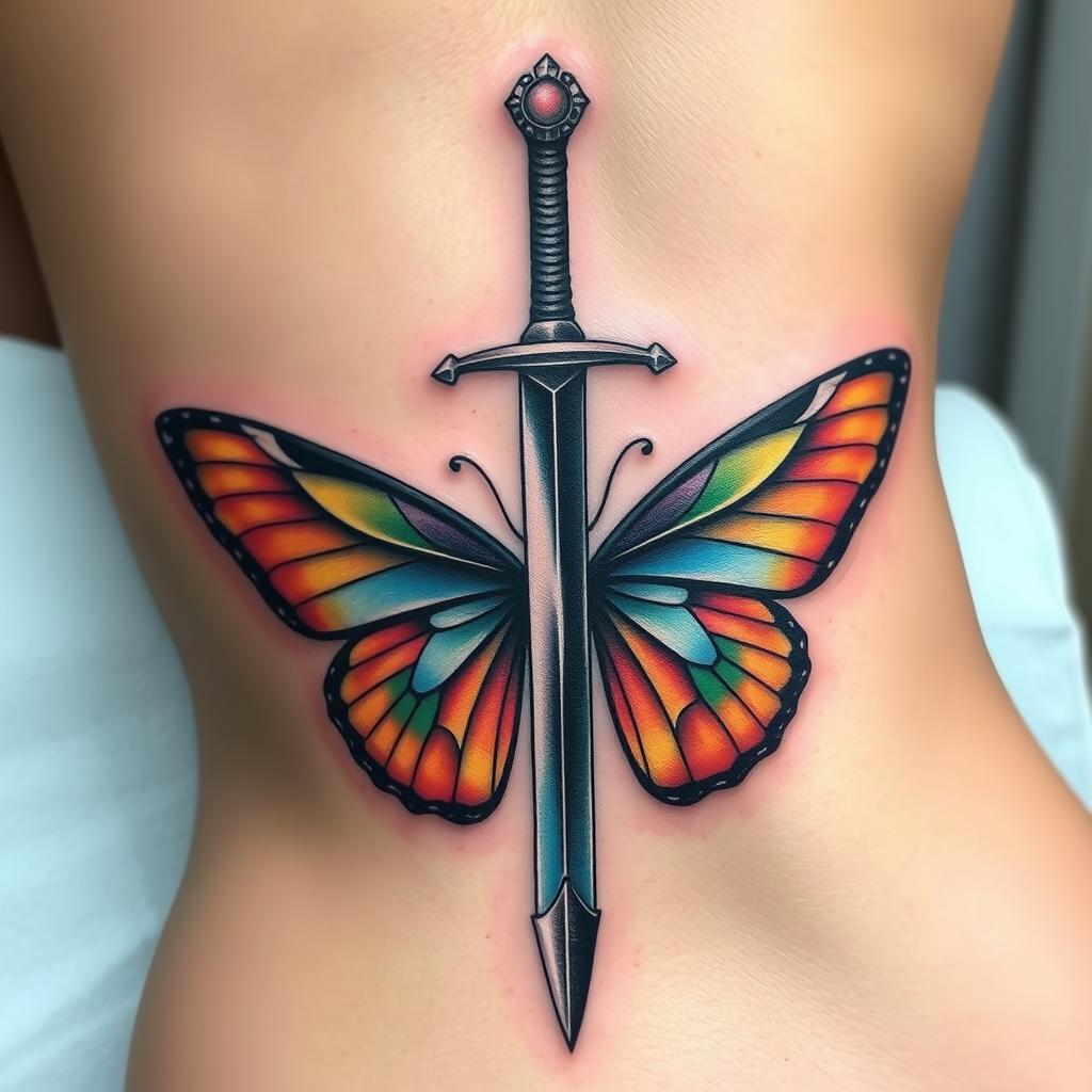 A captivating spine tattoo featuring a sword with butterfly wings emerging from its blade, beautifully positioned along the spine