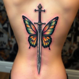 A captivating spine tattoo featuring a sword with butterfly wings emerging from its blade, beautifully positioned along the spine