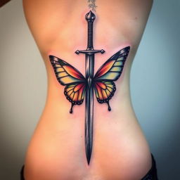 A captivating spine tattoo featuring a sword with butterfly wings emerging from its blade, beautifully positioned along the spine